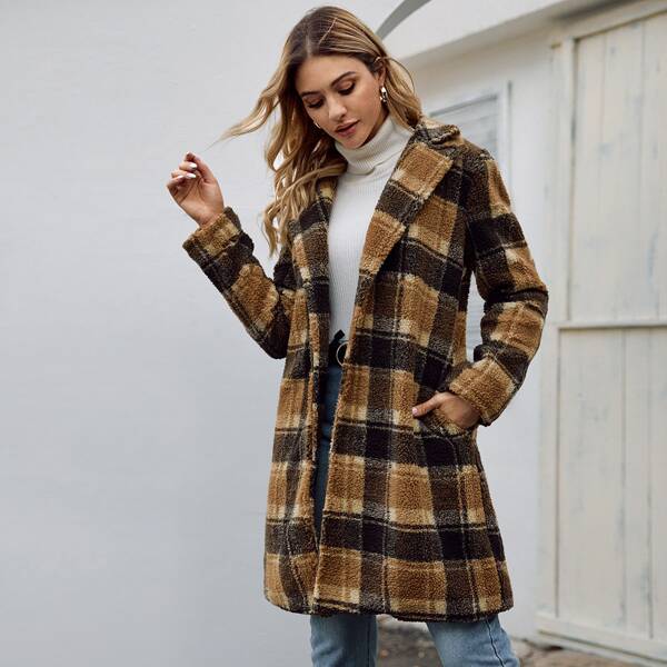 

Plaid Open Front Pocket Side Teddy Coat, Multicolor