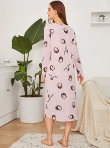 Cartoon Girls Print Night Dress - Pink - View 2