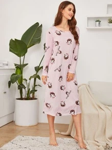 Cartoon Girls Print Night Dress - Pink - View 3
