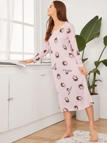 Cartoon Girls Print Night Dress - Pink - View 4