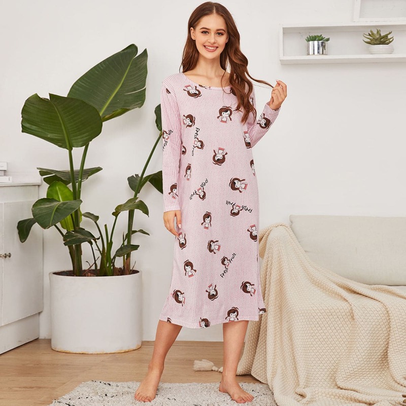 

Cartoon Girls Print Night Dress, Pink
