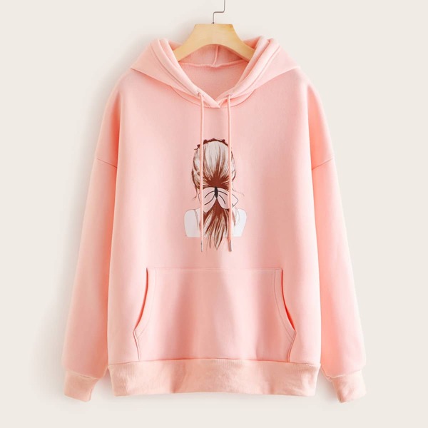 

Figure Graphic Kangaroo Pocket Drawstring Hoodie, Pink