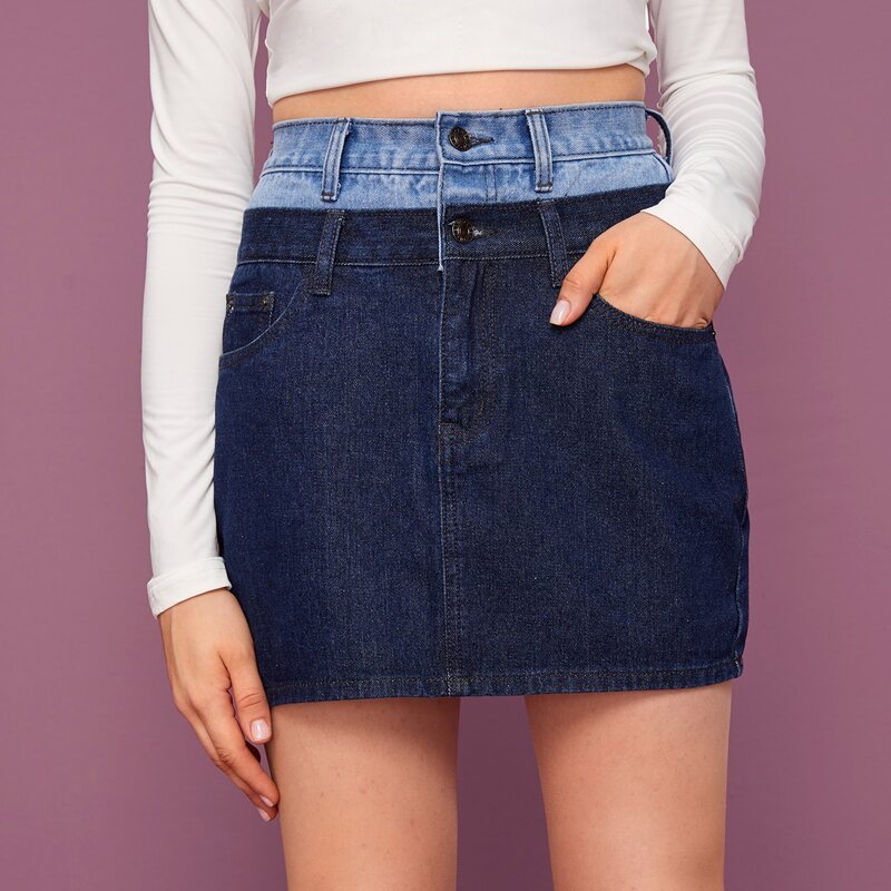 

Contrast Panel Denim Straight Skirt, Navy blue