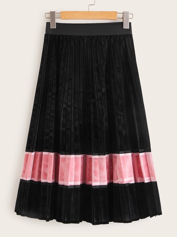 

Contrast Panel Velvet Pleated Skirt, Black