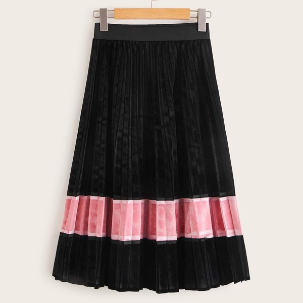 

Contrast Panel Velvet Pleated Skirt, Black