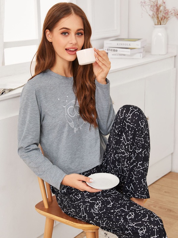 

Galaxy & Cartoon Print PJ Set, Multicolor, Sonya