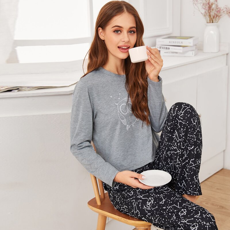 

Galaxy & Cartoon Print PJ Set, Multicolor