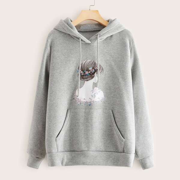 

Figure Graphic Kangaroo Pocket Drawstring Hoodie, Grey