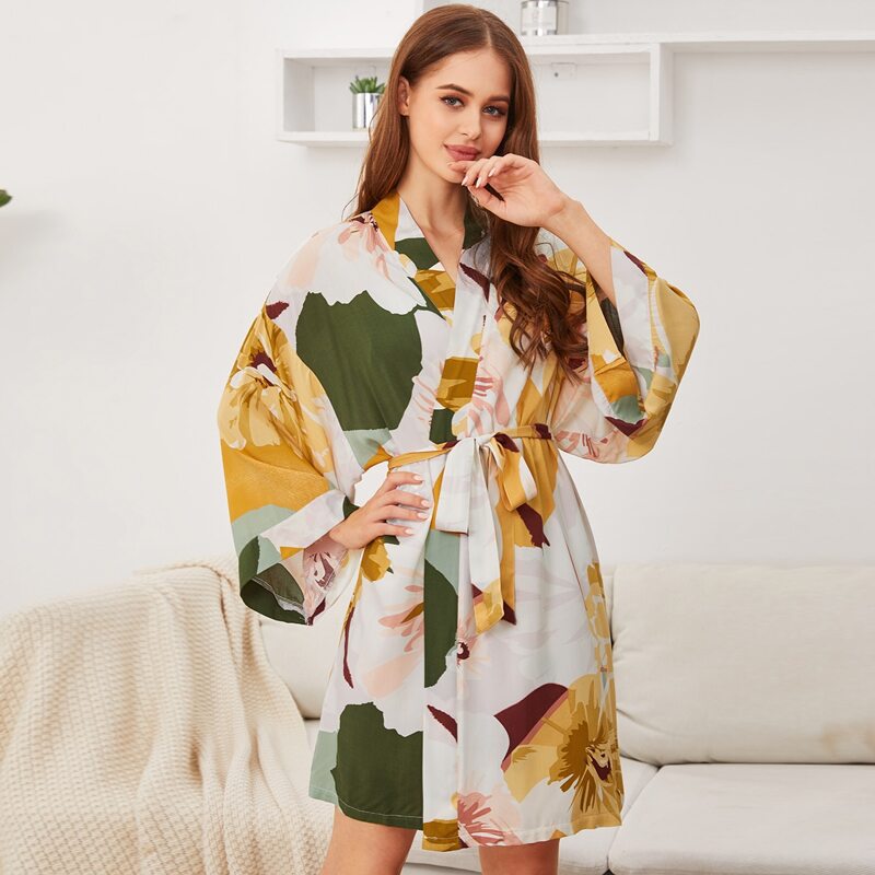 

Colorblock & Floral Print Belted Robe, Multicolor