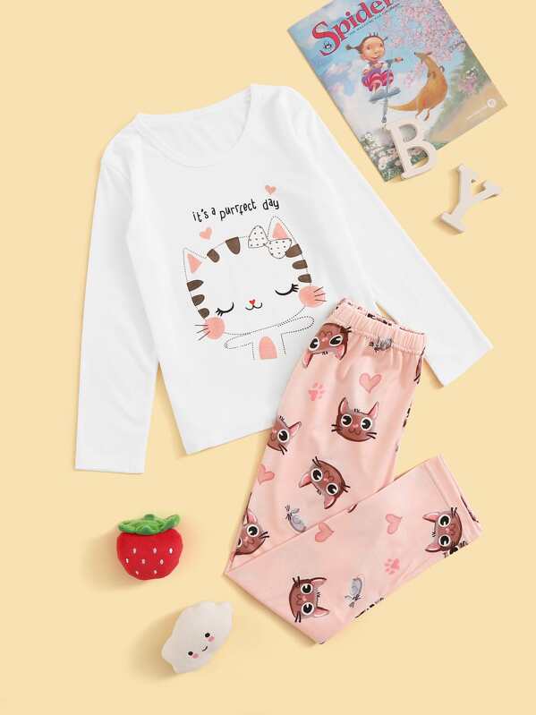 

Girls Cartoon Cat Print PJ Set, Multicolor