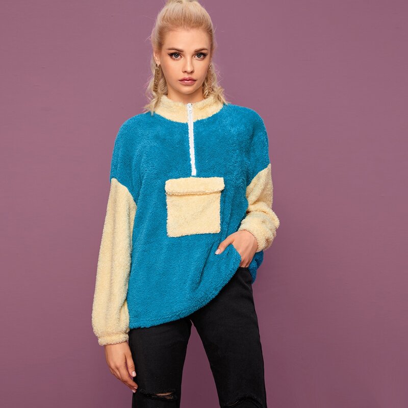 

Color-block Half Zip Pocket Front Teddy Sweatshirt, Multicolor
