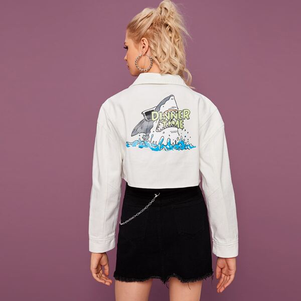 

Shark & Letter Graphic Denim Trucker Jacket, White