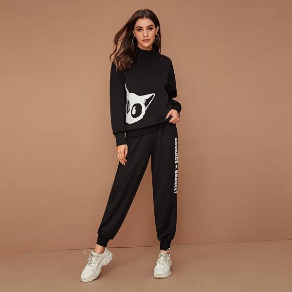 

Cat Print Sweatshirt & Letter Graphic Sweatpants Set, Black