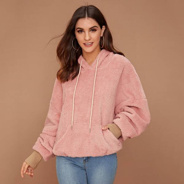 

Kangaroo Pocket Drop Shoulder Teddy Hoodie, Pink