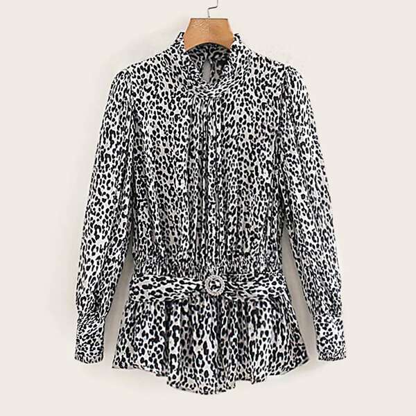 

Dalmatian Print Keyhole Back Belted Blouse, Black and white