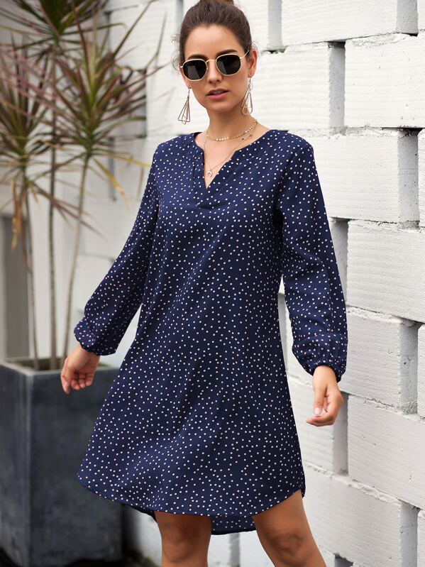 

Polka Dot Notched Neck Shirt Dress, Navy