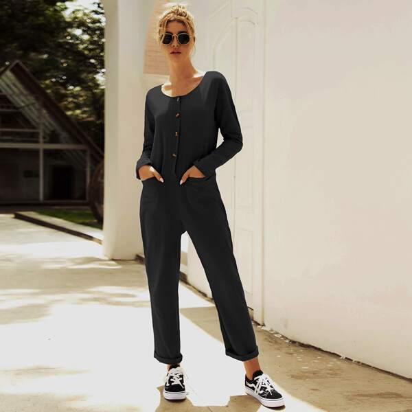 

Solid Button Through Straight Leg Jumpsuit, Black