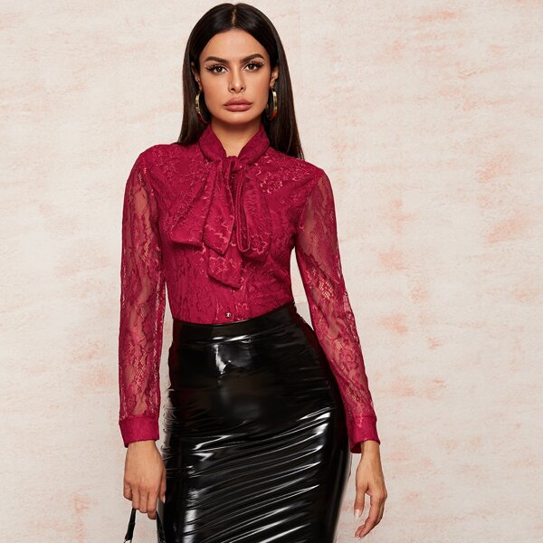 

Solid Tie Neck Button Front Lace Blouse, Red