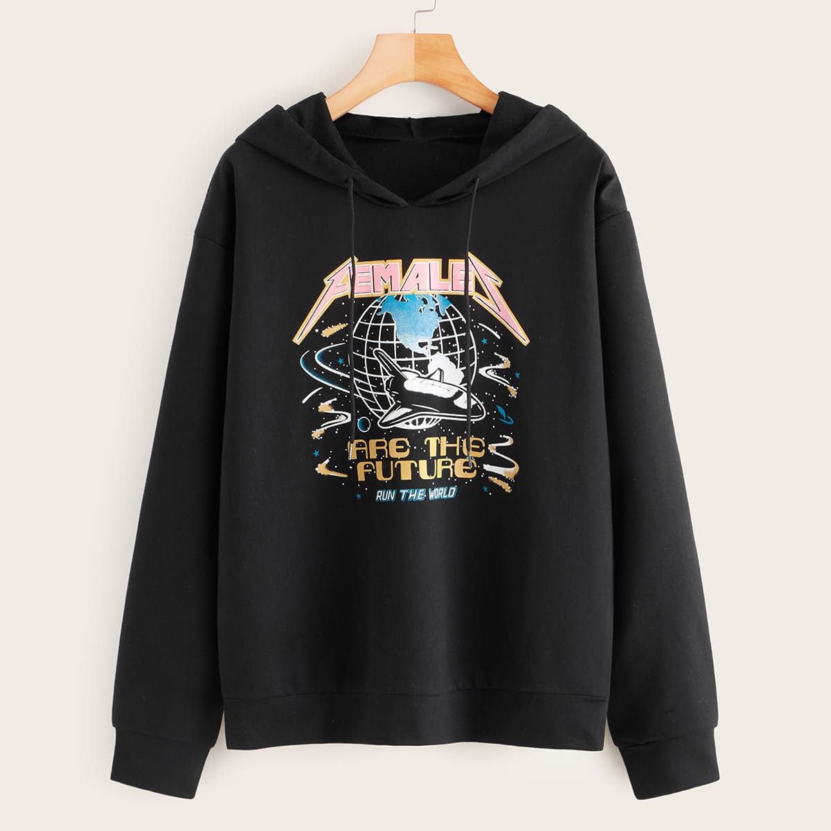 

Letter & Graphic Print Drawstring Hoodie, Black