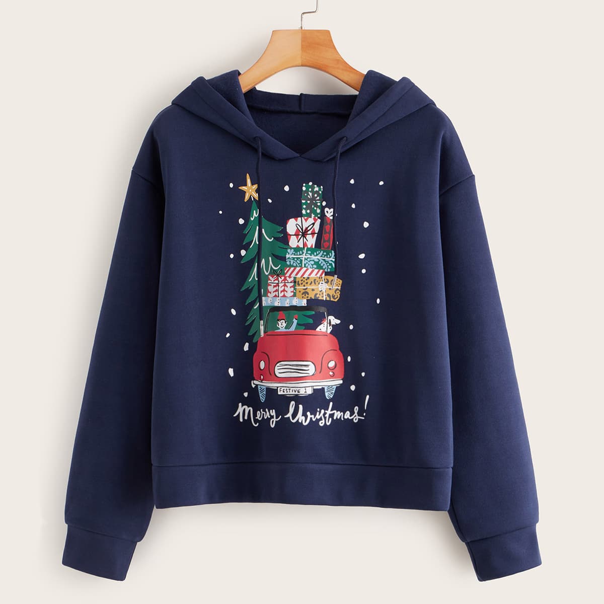 

Christmas Print Drawstring Hoodie, Navy