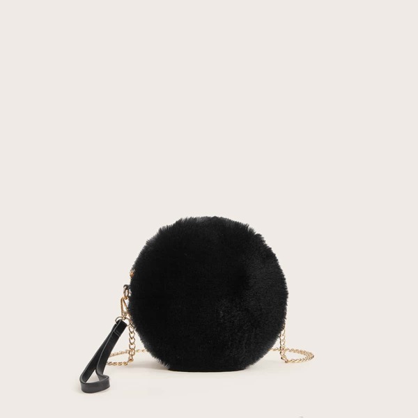 

Faux Fur Fluffy Chain Bag With Wristlet, Black