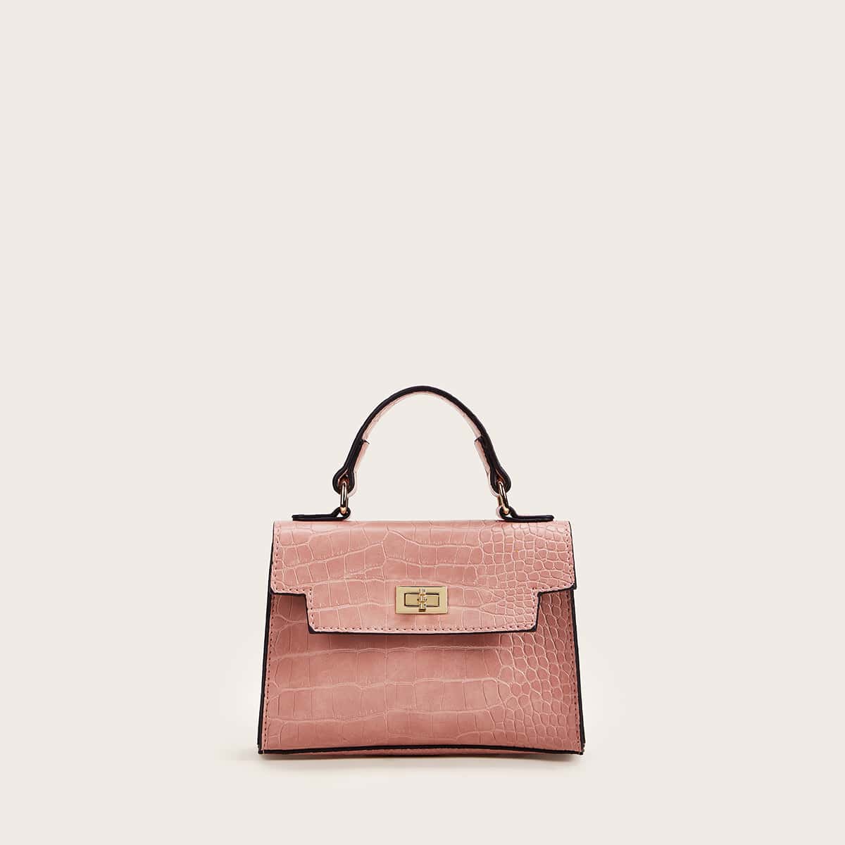 

Twist Lock Croc Embossed Satchel Bag, Pink
