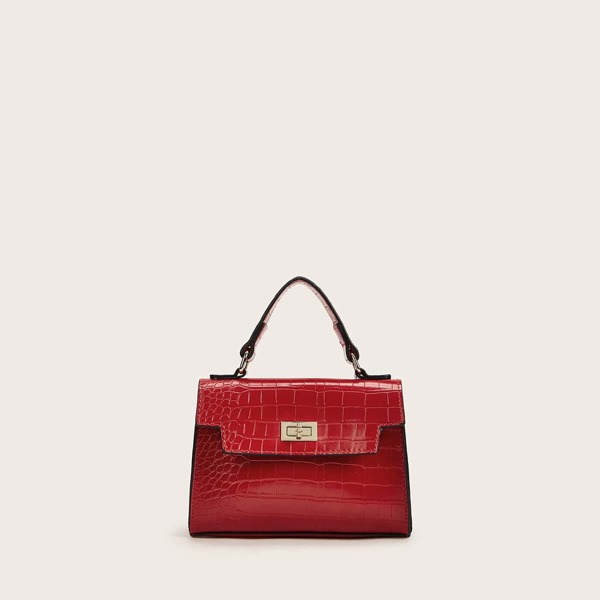 

Twist Lock Croc Embossed New Year Satchel Bag, Red