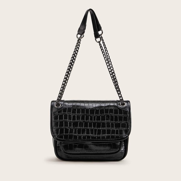 

Croc Embossed Chain Tote Bag, Black