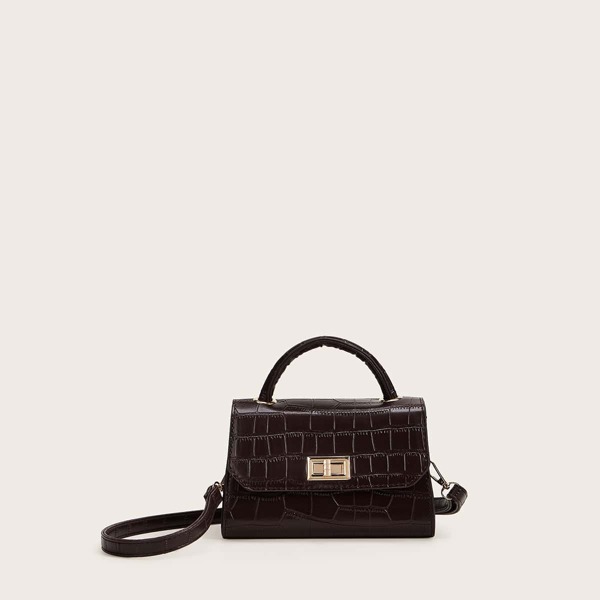 

Twist Lock Croc Embossed Satchel Bag, Brown