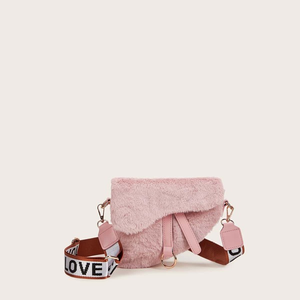 

Letter Graphic Wide Strap Fluffy Saddle Bag, Pink