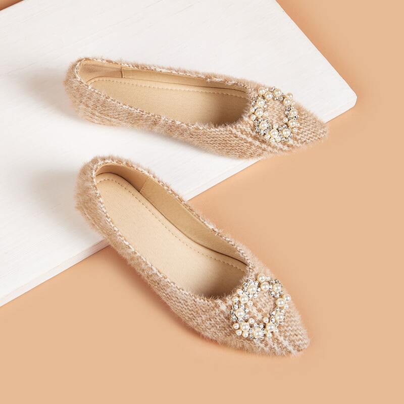 

Point Toe Faux Pearl Decor Ballet Flats, Beige