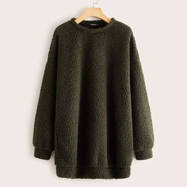 

Solid Drop Shoulder Teddy Sweatshirt Dress