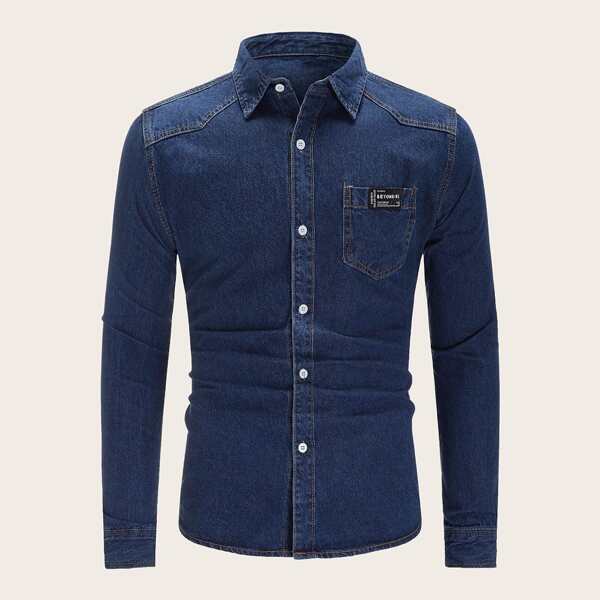 

Men Letter Graphic Button Up Denim Shirt, Navy