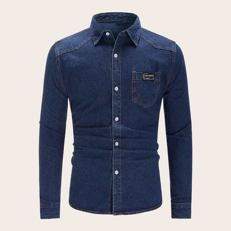 

Guys Letter Graphic Button Up Denim Shirt, Navy