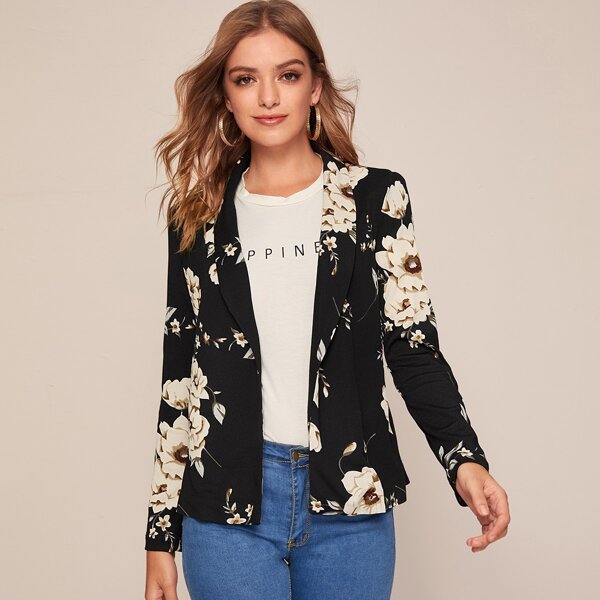 

Shawl Collar Roll Tab Sleeve Floral Print Blazer, Black