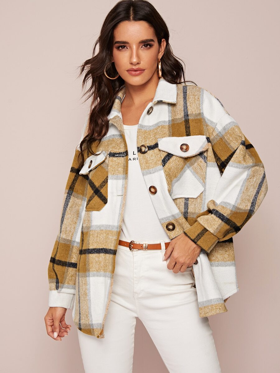 SHEIN Essnce Sobrecamisa con bolsillo con solapa de cuadros - Multicolor - Ver 1