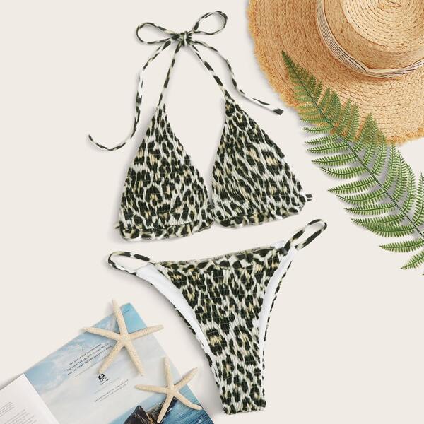 

Leopard Smocked Triangle Top With High Cut Bikini, Multicolor