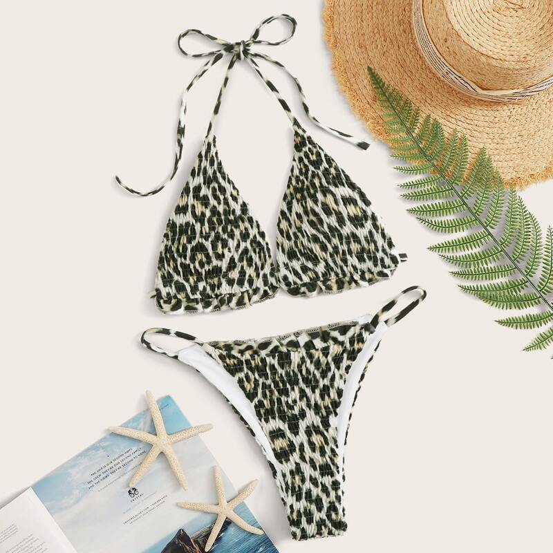 

Leopard Smocked Triangle Top With High Cut Bikini, Multicolor