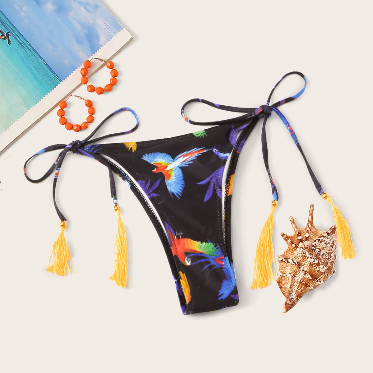 

Birds Random Print Tie Side Bikini Panty, Black