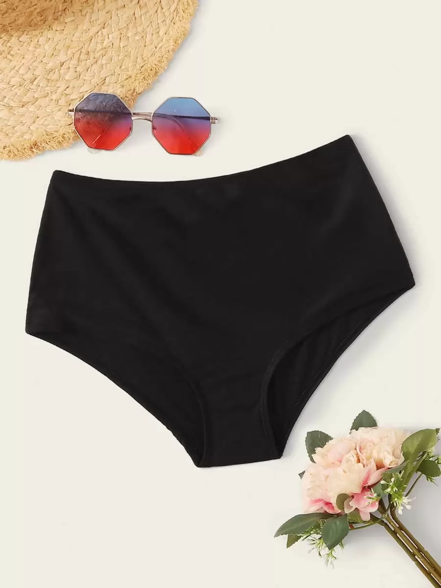 SHEIN Swim Summer Beach Solid High Waisted Bikini Panty - Black - View 1
