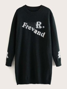 Letter Graphic Round Neck Longline Sweater