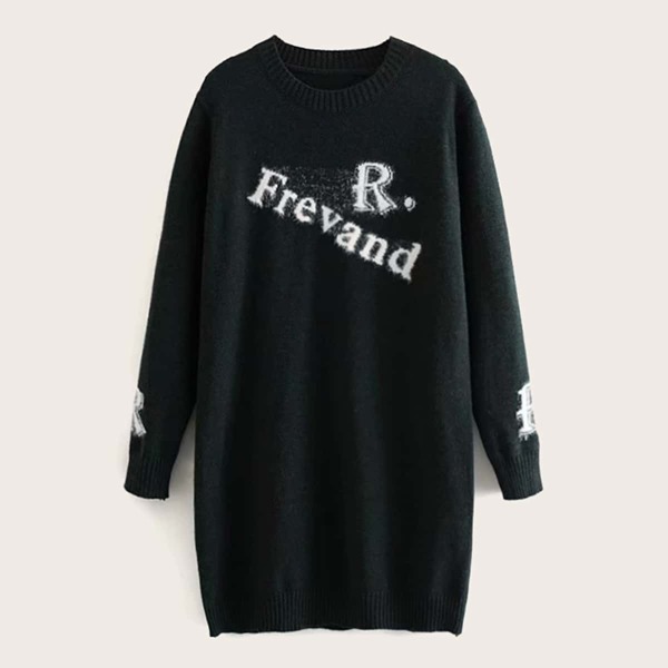 

Letter Graphic Round Neck Longline Sweater, Black