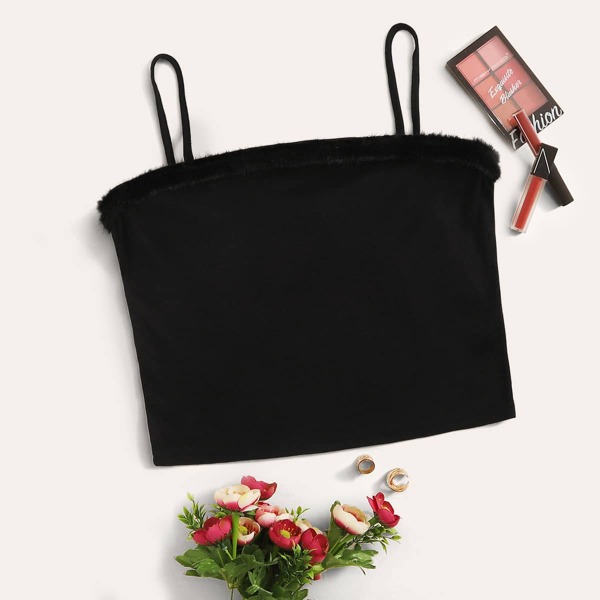 

Plus Contrast Faux Fur Cami Top, Black