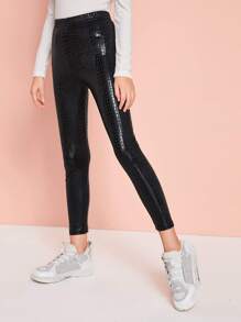 SHEIN Girls Crocodile Embossed Leggings - Black - View 1