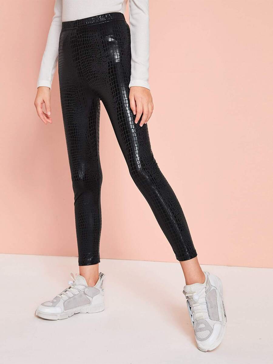 SHEIN Girls Crocodile Embossed Leggings - Black - View 1