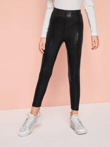 SHEIN Girls Crocodile Embossed Leggings - Black - View 4