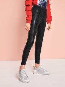 SHEIN Girls Crocodile Embossed Leggings - Black - View 5