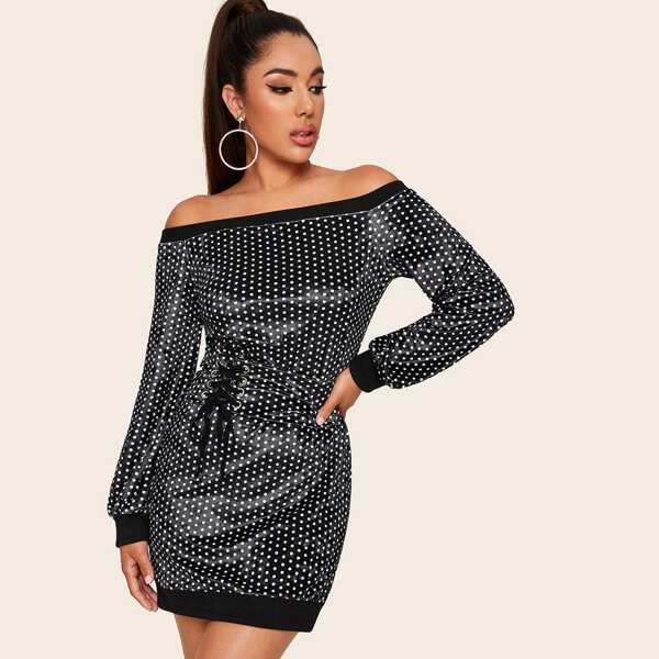 

Polka Dot Print Off Shoulder Corset Velvet Dress, Black