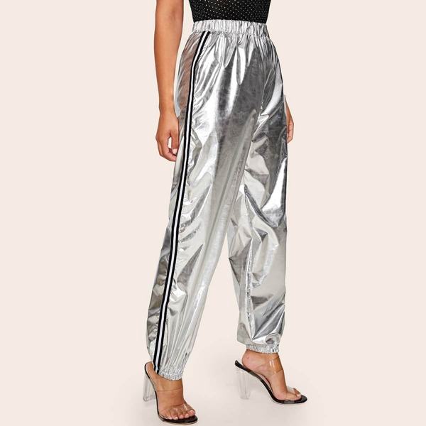 

Striped Side Elastic Waist Metallic Sweatpants, Grey