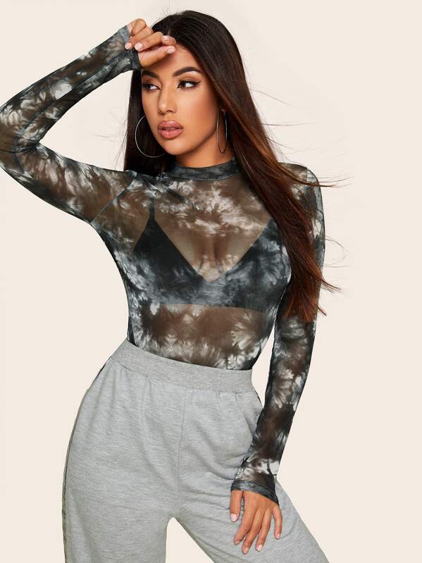 

Mock Neck Tie Dye Sheer Top Without Bra, Black and white, Lucia